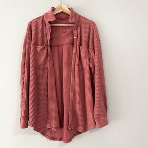 Aerie American Eagle Pink Waffle Knit Oversized Button Up Cardigan Long Sleeve